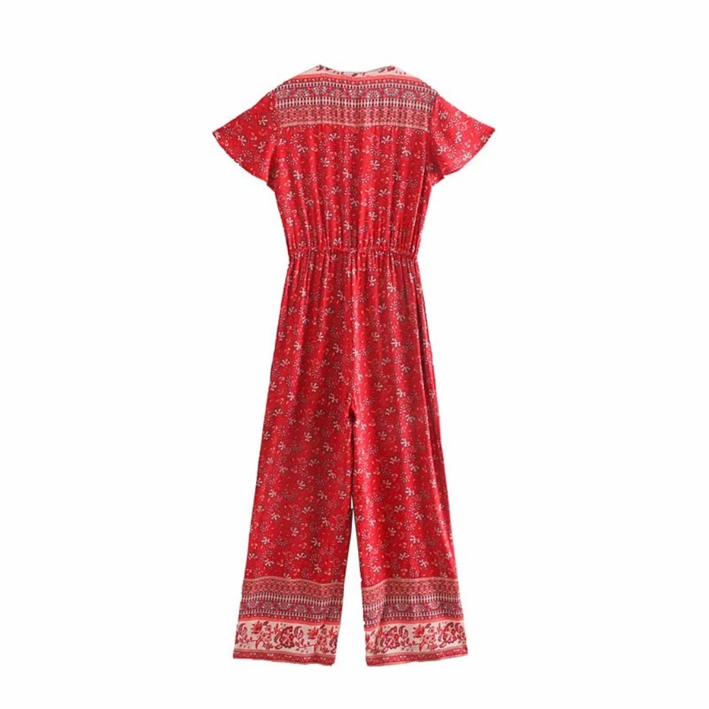 Boho gypsy Red floral v neck wide leg jumpsuit - Picture 8 of 9